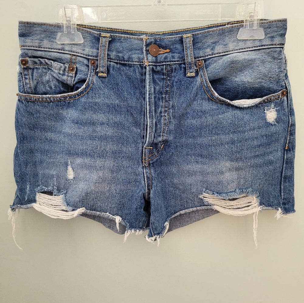 We the Free Free People Cut Off Distressed Button Fly Shorts Denim Mid‎ Rise 28